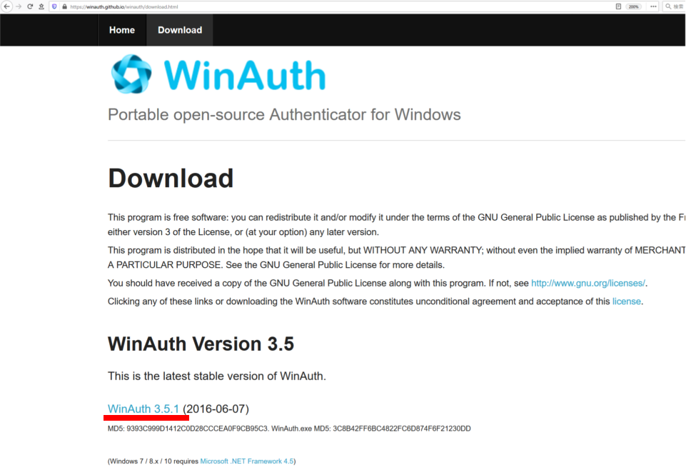 WinAuth Download webpage
